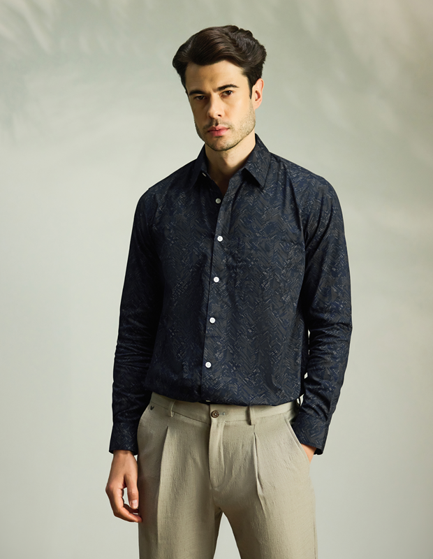 Summer Bloom Cotton Blend Navy Blue Shirt